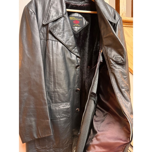 VTG Fantastic Intl. Mens Black Leather Coat Sz 46 LG Longline Zip Out Fur Lining - Picture 10 of 16